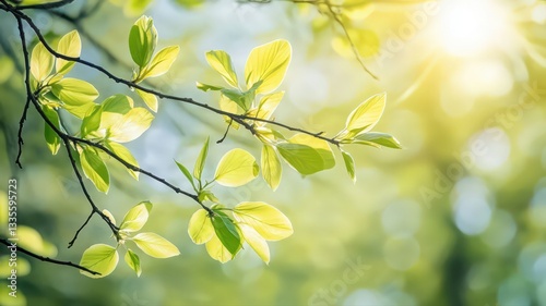 Sunlit Green Leaves on Branches in Spring