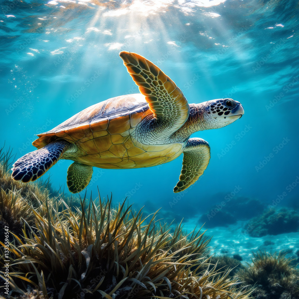 Obraz premium Majestic Sea Turtle Swimming Above Vibrant Sea Grass in Crystal Blue Ocean