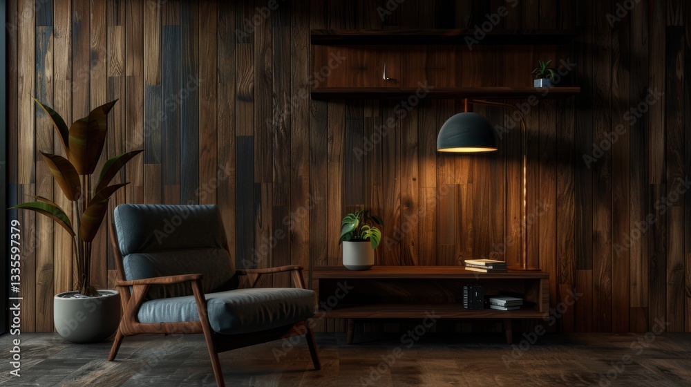 Fototapeta premium Cozy Modern Living Room with Wooden Walls and Minimalist Decor