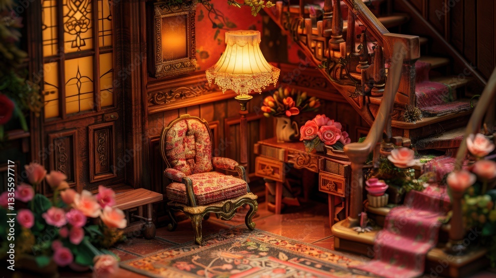 Fototapeta premium Cozy Victorian Style Interior with Elegant Furniture and Flowers