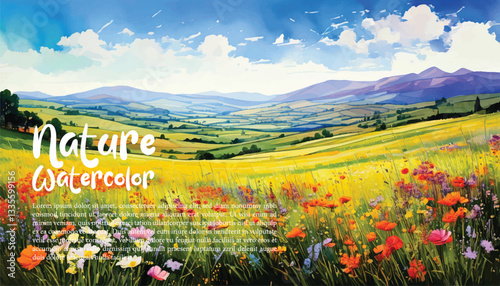 Bright and cheerful watercolor scene of a blooming meadow in spring, with wildflowers and distant rolling hills