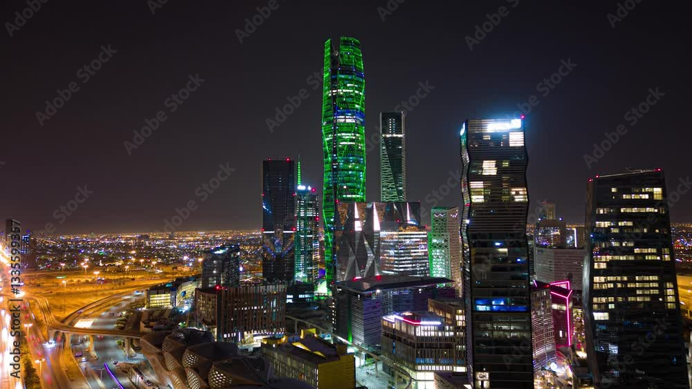 Riyadh City towers, King Abdullah Financial District ( KAFD ) skyscrapers, shot with drone on hyperlapse mode, Saudi Arabia