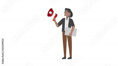 Woman standing holding megaphone cartoon animation
