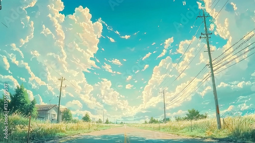 夏の田舎道～青空と入道雲が広がる懐かしい風景～  
