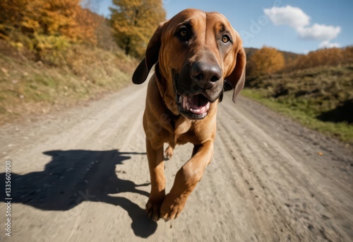 bloodhound dog running and playing in the contryside and natural meadown