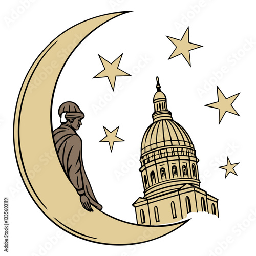 Dreamy Vector Art – Man on Crescent Moon with Stars and Capitol Dome