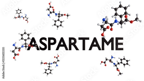 A 3d rendering of the chemical structure of aspartame molecule and the word 