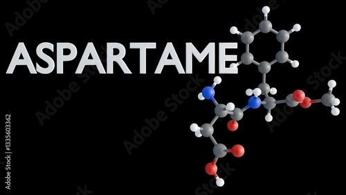 A 3d rendering of the chemical structure of aspartame molecule and the word 
