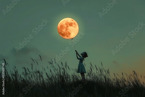 Little girl with big moon in hand. Mixed media. Mixed media