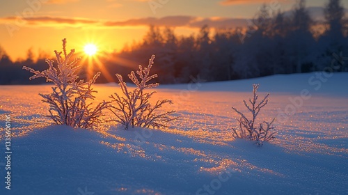 Winter Sunset Snowfield Plants photo