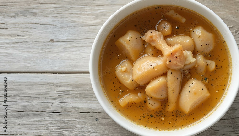 Chicken bouillon in the white bowl on the rustic wooden background. Chicken bouillon in the white bowl on the rustic wooden background.