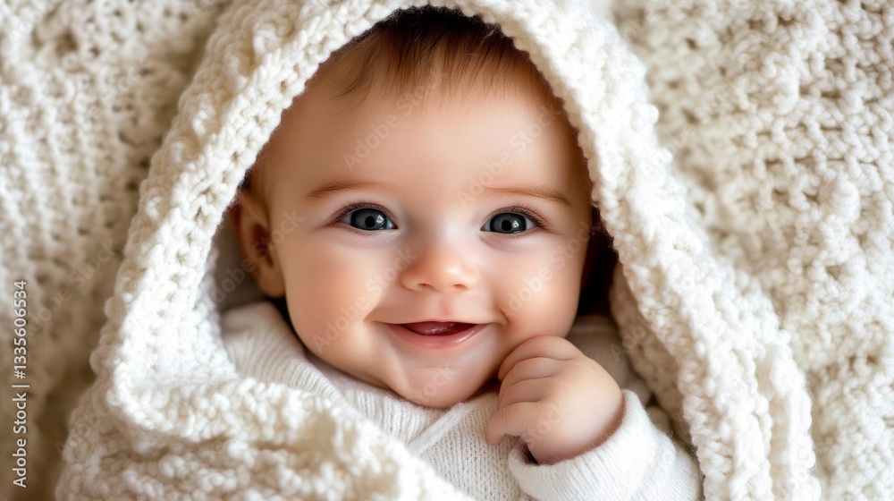 Newborn baby in soft white blanket, close-up of peaceful face, warm and tender atmosphere.
Newborn baby in soft white blanket, close-up of peaceful face, warm and tender atmosphere.