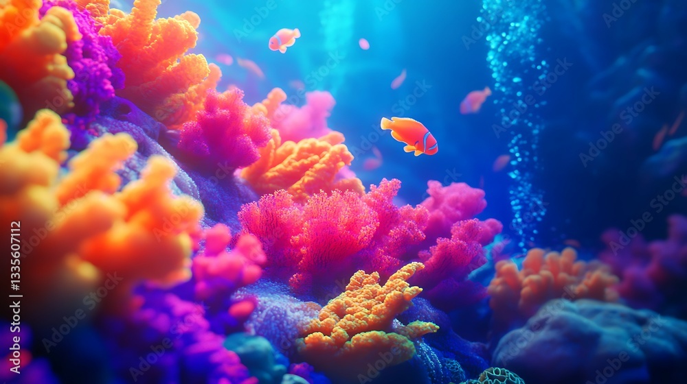 Fototapeta premium Colorful corals and fish in the aquarium.