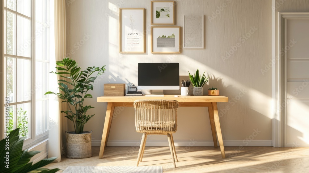 Fototapeta premium A simple workspace with a wooden desk, neutral tones, and natural light