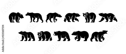 Collection of grizzly bear silhouettes, carnivorous wild animal, set isolated on white background 