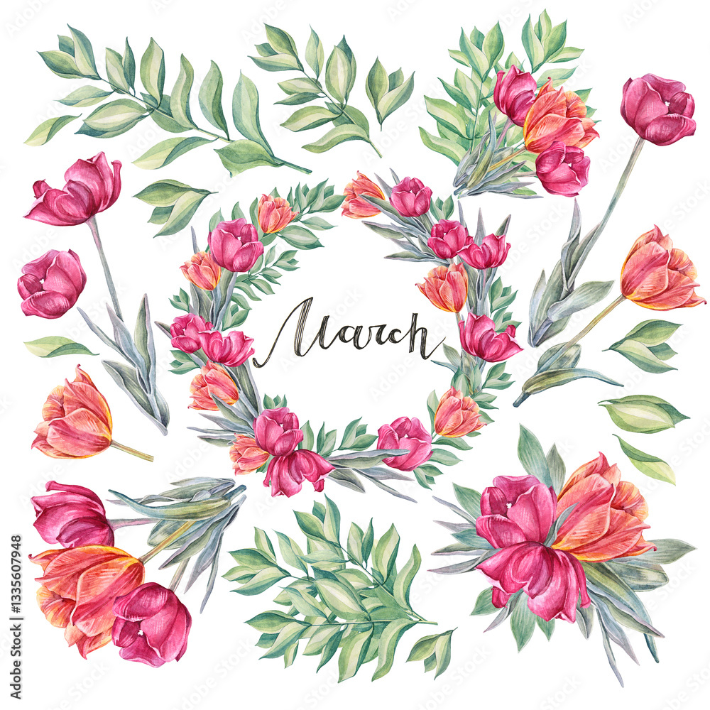 Fototapeta premium Watercolor circle frame with red orange tulip and green leaves isolated on white background. Calendar with lettering March. Hand-drawn clipart with flower for spring celebration. Wrapping wallpaper
