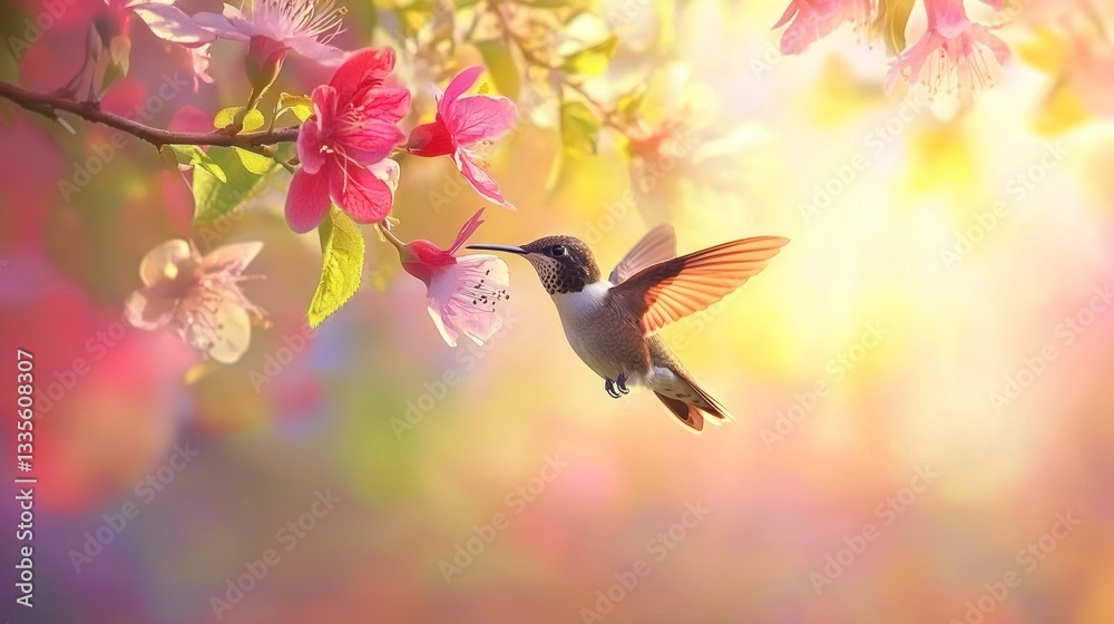Fototapeta premium A close-up of a hummingbird in mid-flight near colorful blossoms