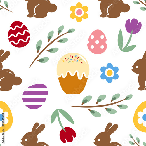 Seamless pattern with easter cake, rabbits, eggs, flowers, willow sprigs on a white background. Background with chocolate easter bunnies for textiles, wrapping paper, wallpaper