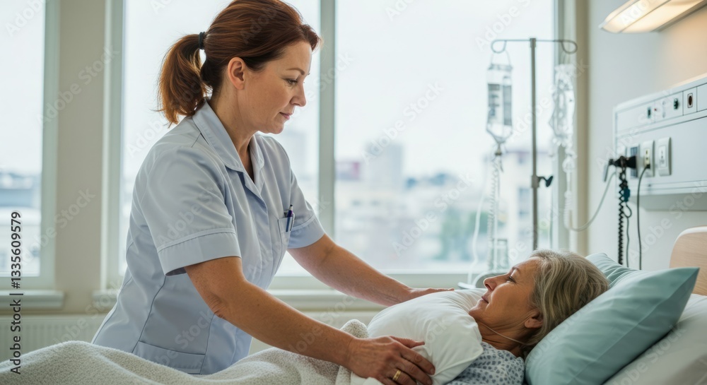 Obraz premium Nurse comforting elderly patient in hospital.