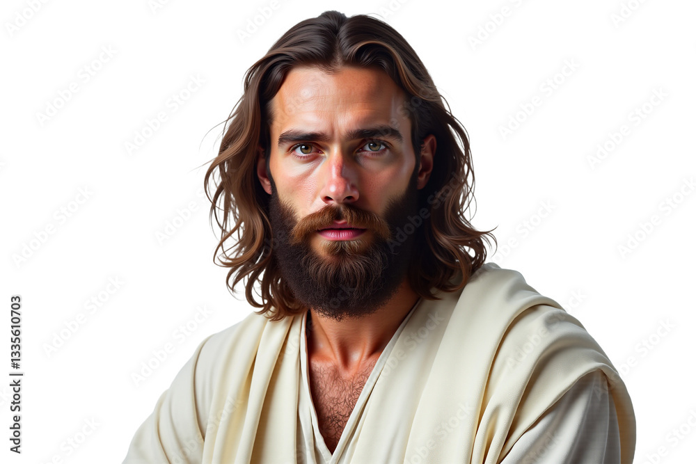 Serene portrait of handsome man with beard and long hair in white robe. Ideal for spiritual, religious, or character design projects. Isolated on transparent background. Serene portrait of handsome man with beard and long hair in white robe. Ideal for spiritual, religious, or character design projects. Isolated on transparent background.