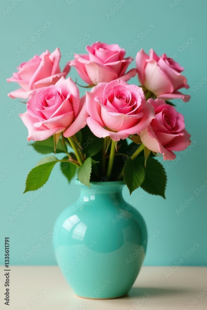 Fototapeta premium Full bloom pink roses in a glossy turquoise ceramic vase , glossy, arrangement