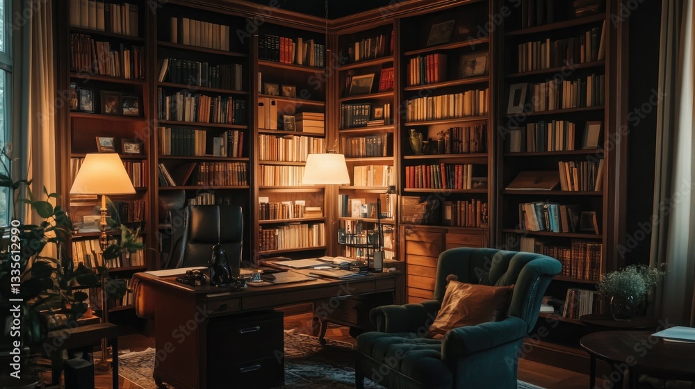 A classic, moody workspace with wooden bookshelves and vintage decor A classic, moody workspace with wooden bookshelves and vintage decor