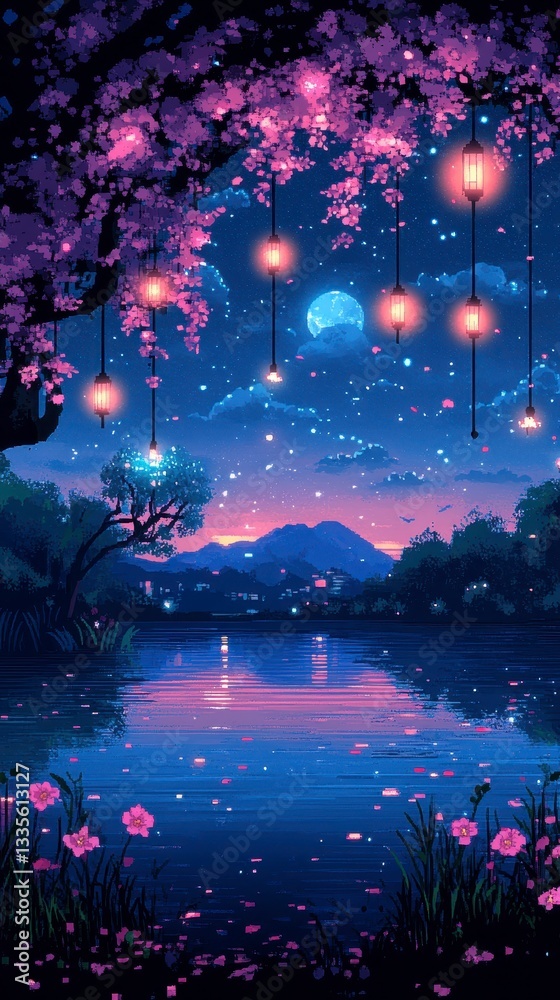 Obraz premium Serene Night Landscape with Cherry Blossom Trees and Lanterns by a Tranquil Lake