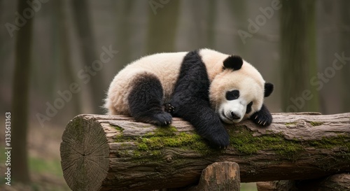 Panda taking a peaceful nap on a log.
