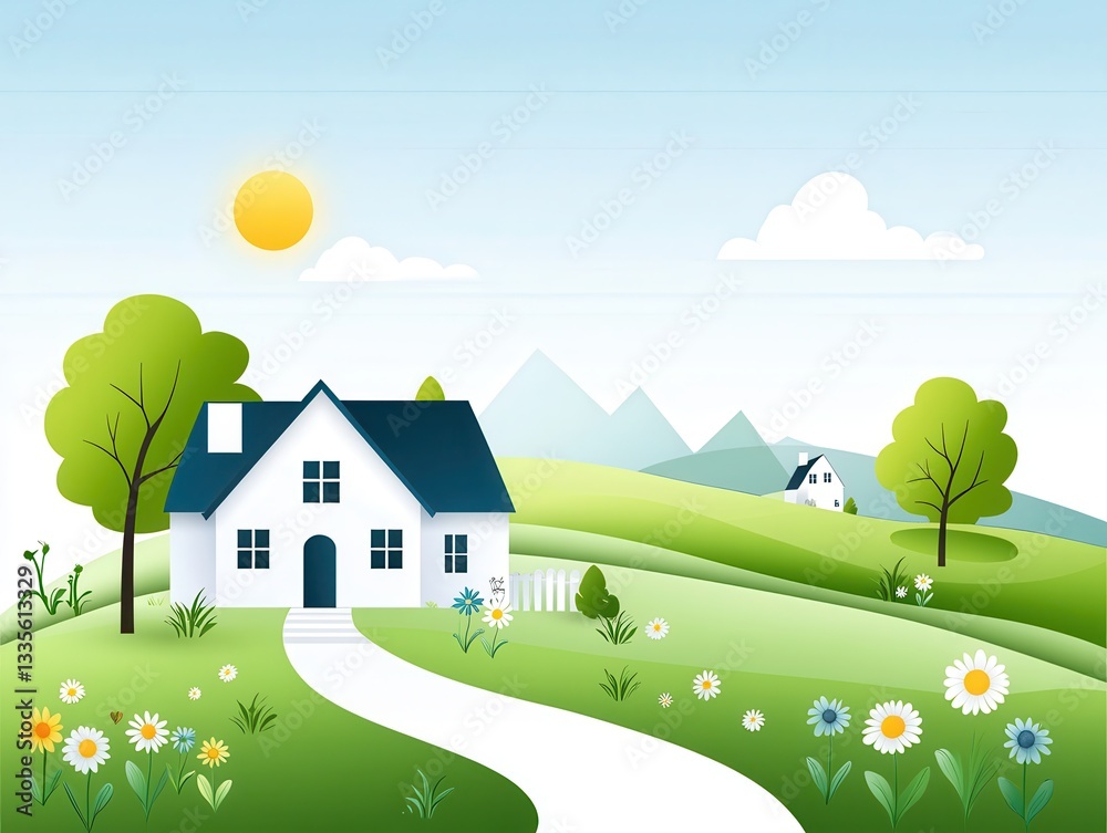 Fototapeta premium A serene landscape featuring a charming house on a winding path surrounded by flowers