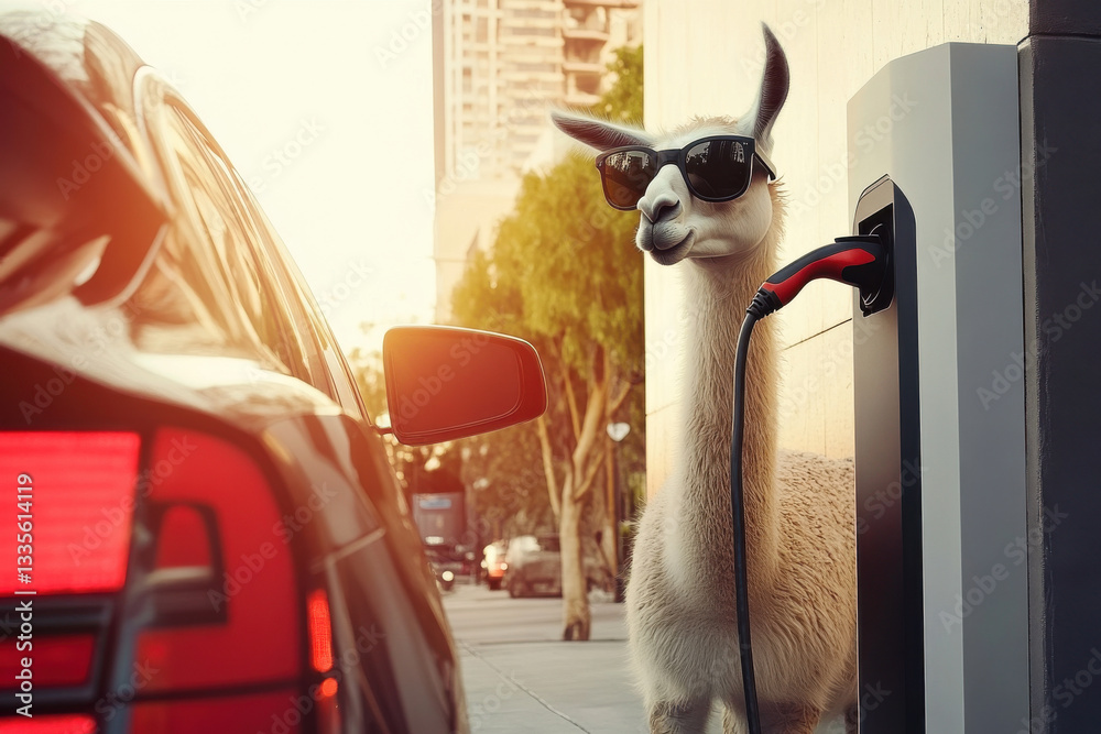 Fototapeta premium Llama charges electric car in eco-friendly urban setting