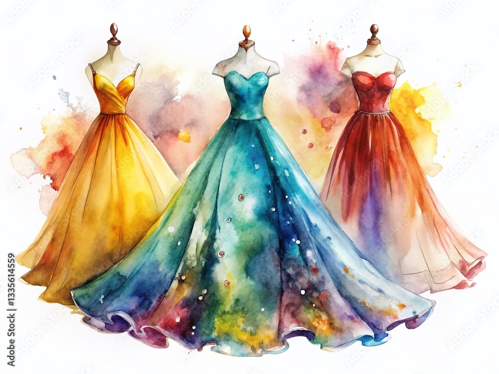 Obraz premium Watercolor Fashion Photography: Elegant Dresses Isolated on White Background