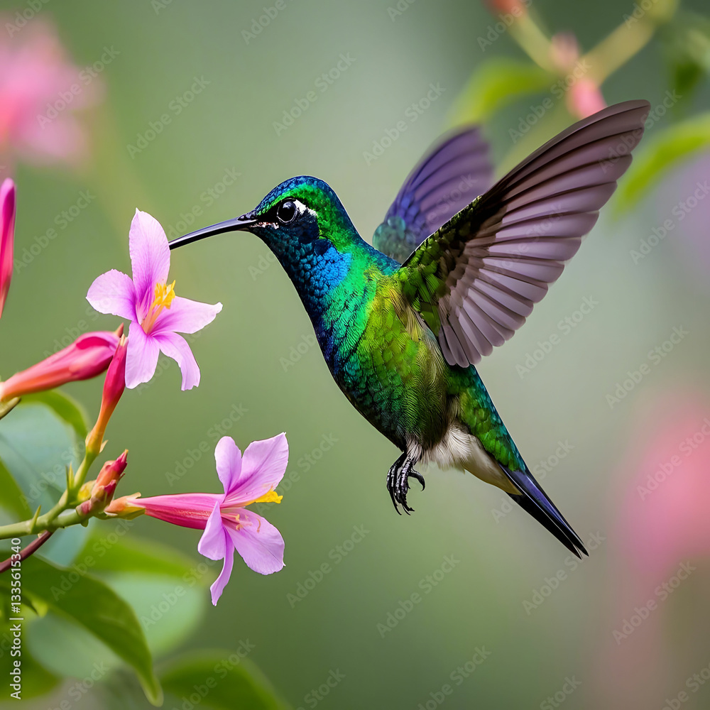 Fototapeta premium This-image-captures-a-stunning-hummingbird-in-mid-flight,-showcasing-its-vibrant-and-iridescent-plum...-