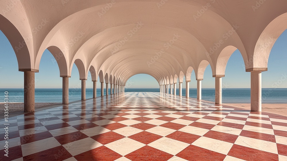 Fototapeta premium Sunlit Colonnade Overlooking the Ocean Red and White Checkered Floor