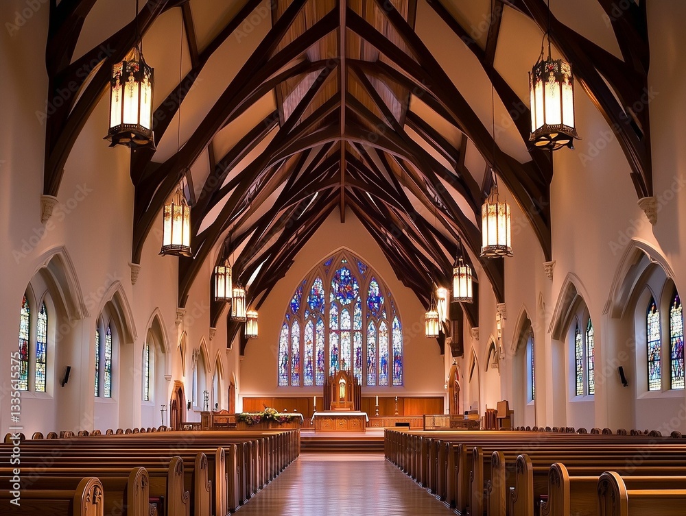 Fototapeta premium Elegant Church Interior with Stained Glass Windows
