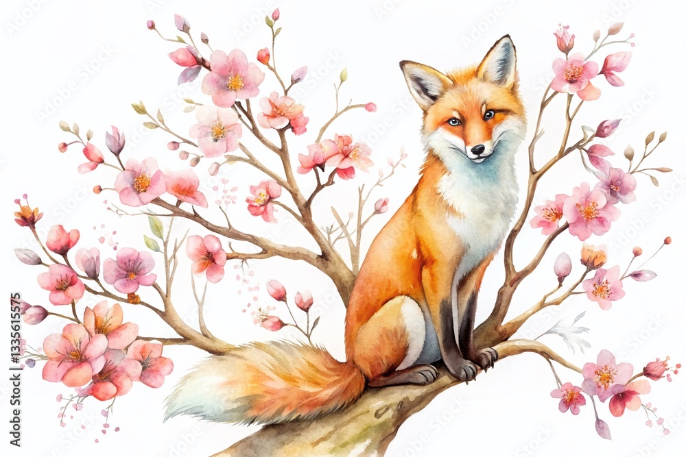 Fototapeta premium Watercolor Fox with Cherry Blossoms - Spring Floral Animal Clipart