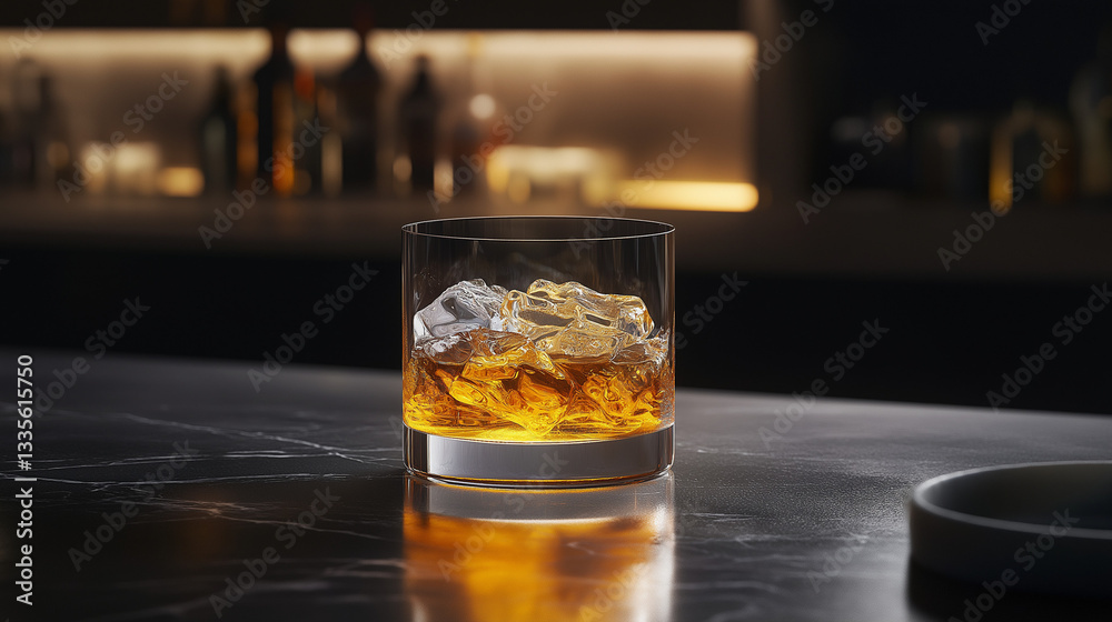 Glass of whiskey with ice against a stylish bar background Glass of whiskey with ice against a stylish bar background