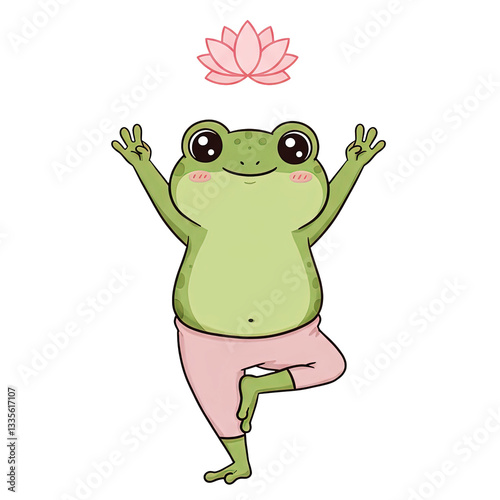 Cute Frog in Yoga Tree Pose (Vrikshasana). Surreal Amphibian Exercise Illustration, transparent background