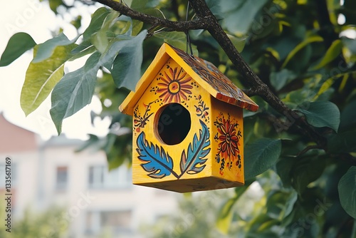 Vibrant Yellow Birdhouse Decorated with Floral Designs