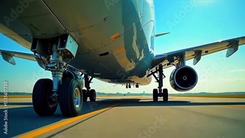 Airplane landing gear and engines on runway during bright sunny day, showcasing aviation technology