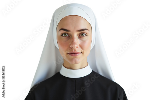 Serene smiling nun portrait with green eyes. Young woman in veil & habit. Represents faith, peace, purity. Isolated on transparent background for design. Studio shot.