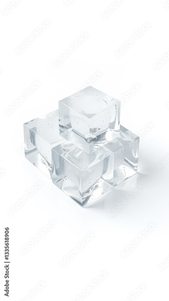 Clear ice cubes melting slowly on pristine white background, transparent, frozen, image Clear ice cubes melting slowly on pristine white background, transparent, frozen, image