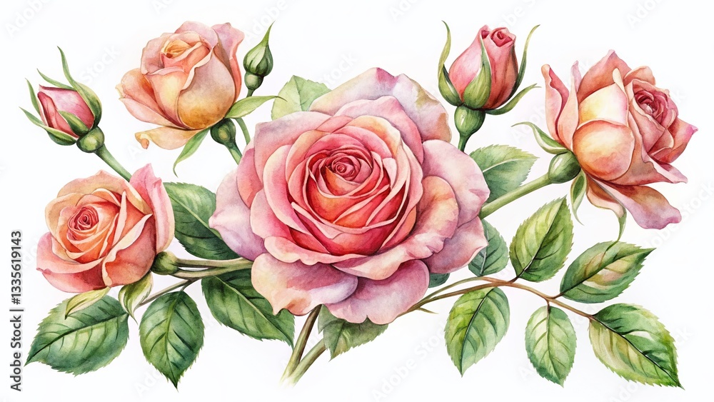 Naklejka premium Watercolor Rose Flowers Set: Beautiful Botanical Illustration, Isolated White Background