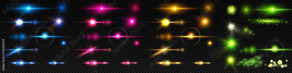 Realistic Lens Flare Elements Collection. Light Effect Transparent Design. Vector illustration