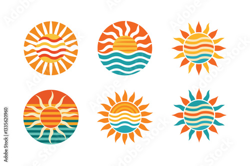 Six colorful sunset and ocean graphic icons for summer design