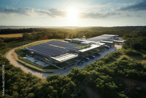 Large aerial view of a factory building, data center powered by solar energy.