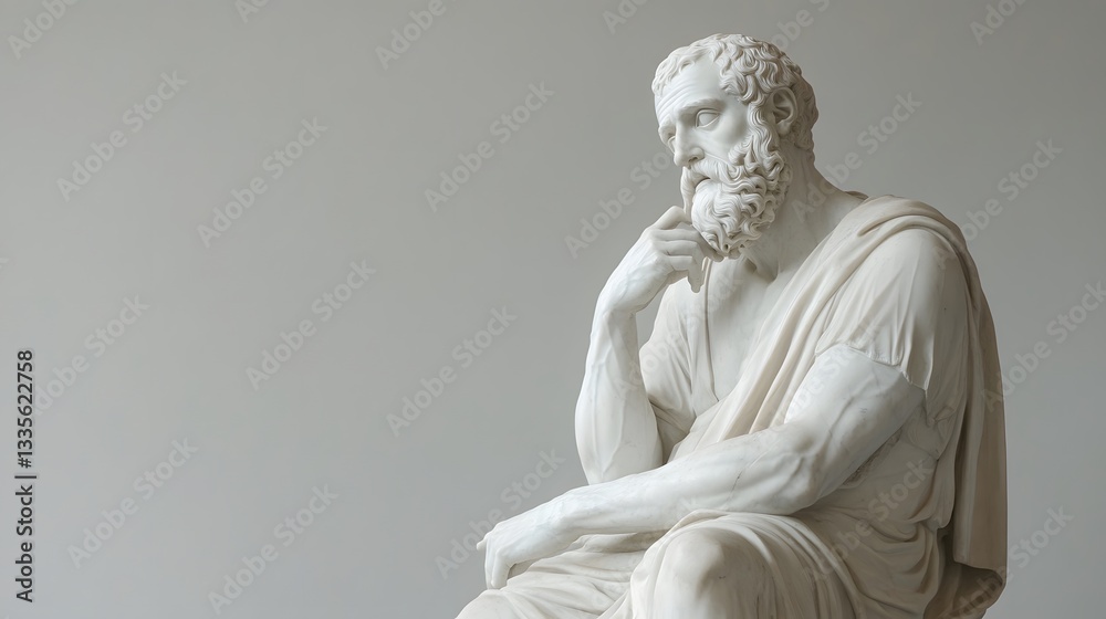 Marble Statue of a Stoic Philosopher in Classical Roman or Greek Robes, Expressing Wisdom and Contemplation. A Realistic Sculpture Featuring Detailed Facial Features, Symbolizing Ancient Philosophy . Marble Statue of a Stoic Philosopher in Classical Roman or Greek Robes, Expressing Wisdom and Contemplation. A Realistic Sculpture Featuring Detailed Facial Features, Symbolizing Ancient Philosophy .