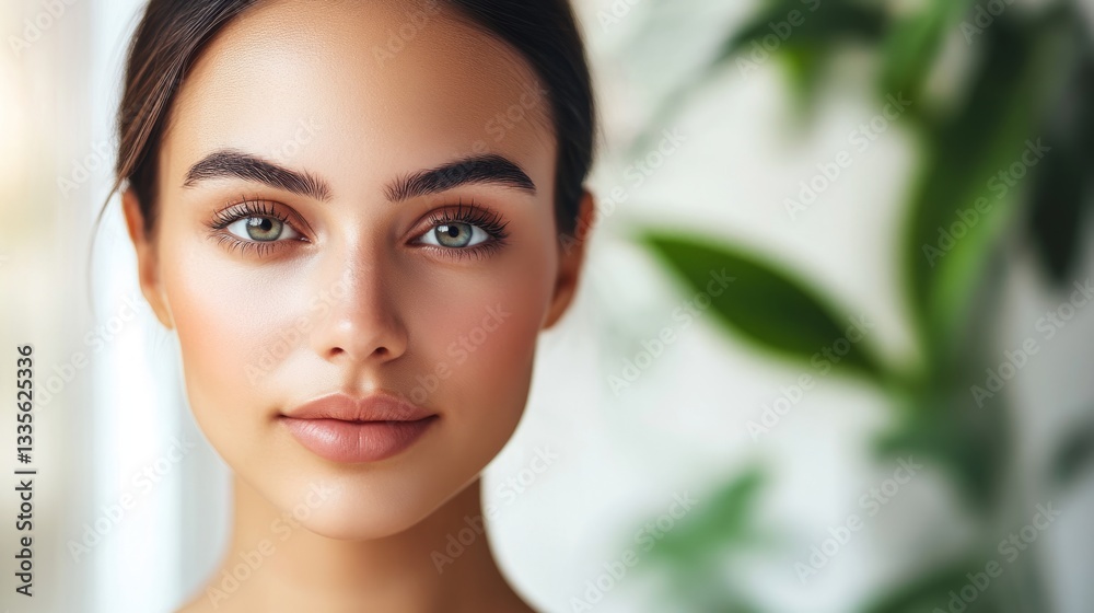 Woman with flawless skin in serene spa setting, soft light enhancing calm beauty. Woman with flawless skin in serene spa setting, soft light enhancing calm beauty.