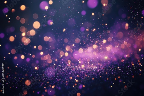 Dark abstract backdrop adorned with purple sparkle particles, elegant festive vibe.