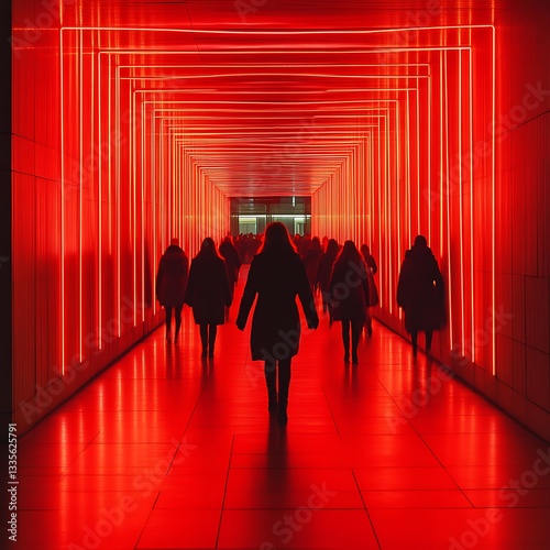 Woman walks red light tunnel, city crowd background, event