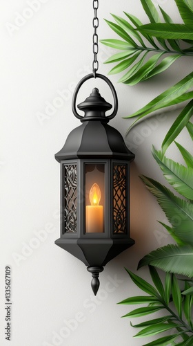 Black Metal Lantern with Candlelight and Tropical Leaves